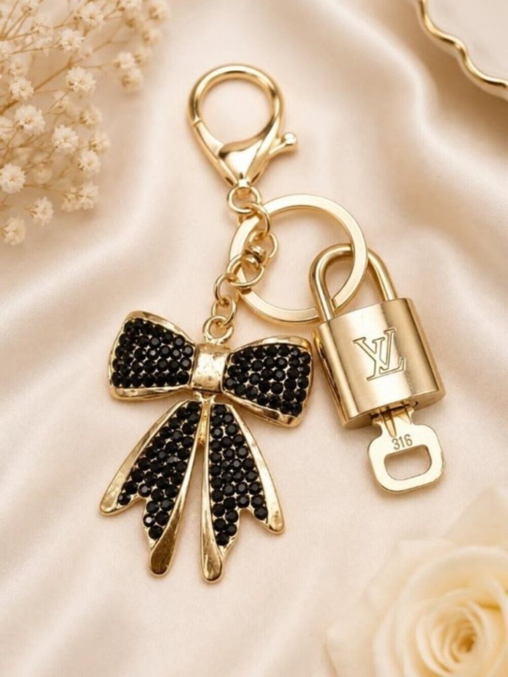 Authentic Louis Vuitton Gold Lock & Key ๐ Bag Charm w/ Unbranded Ribbon Charm